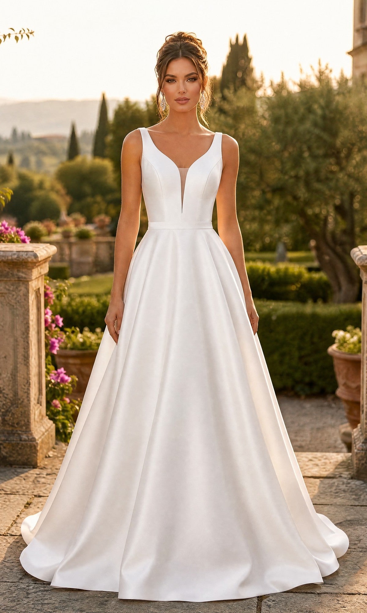 A woman stands outdoors surrounded by lush greenery and timeless stone structures, wearing the Chicas C9188 Long Prom Dress in off white. The sleeveless gown features a fitted bodice with a deep V neckline and an elegant A-line skirt that flows gracefully to the ground.
